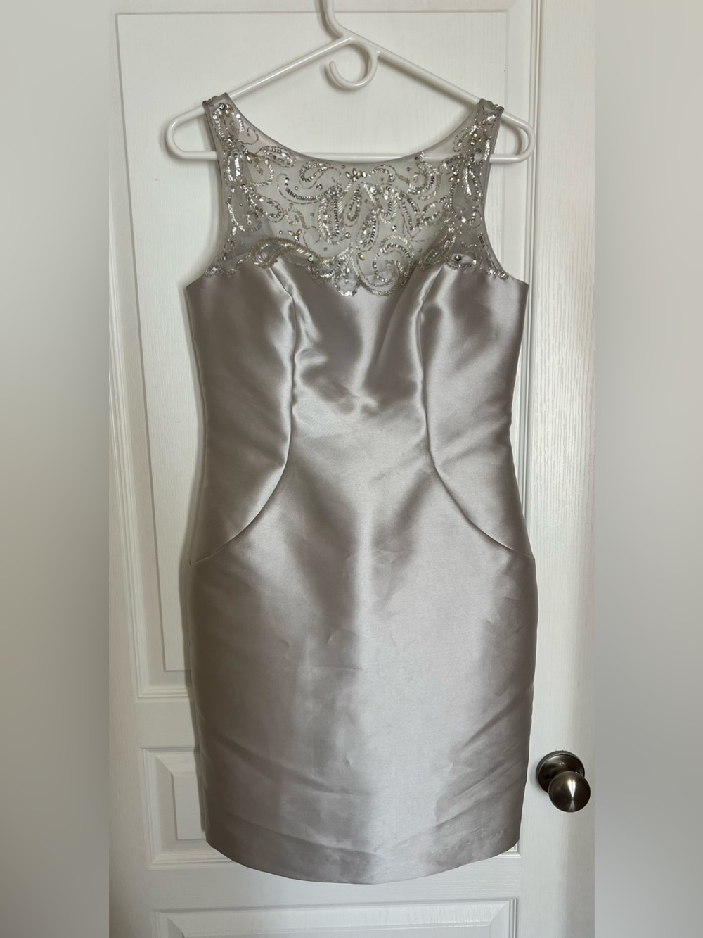 Social Occasions by Mon Cheri Silver Beaded Illusion Yoke Satin Cocktail Dress
